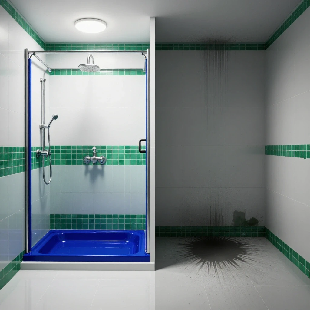 A split image showing a pristine shower pan on one side and a water-stained bathroom floor and ceiling on the other, highlighting leak issues.