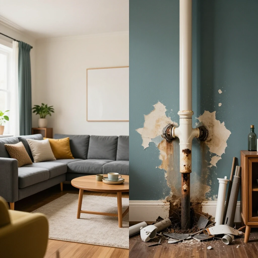 A split image showing a cozy, well-maintained home on one side and exaggerated home maintenance issues on the other side, illustrating common problems.
