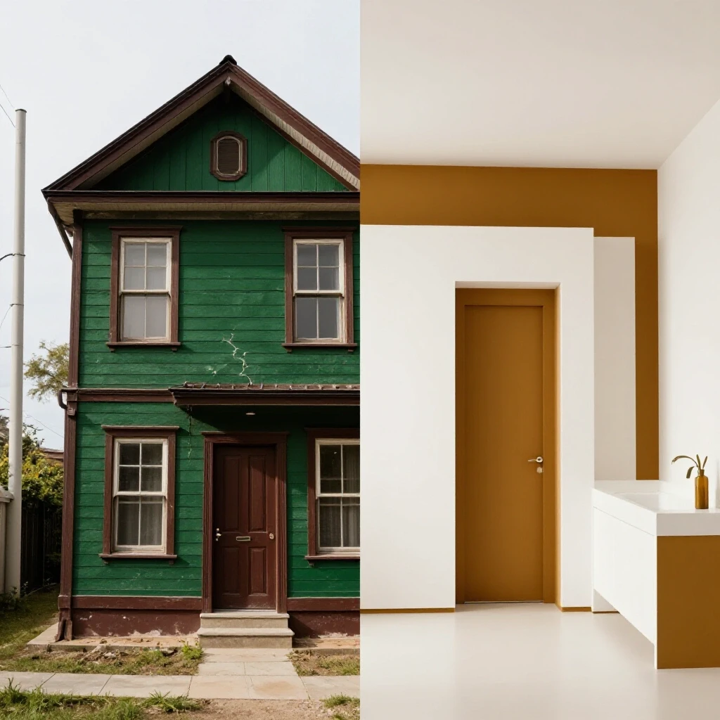 A split image comparing a vintage home with wear and tear against a modern, vibrant interior design.
