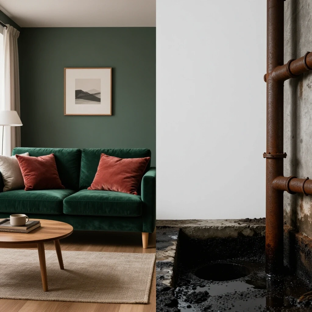 A split image showing a cozy living room on the left and a dark sewer scene on the right, highlighting a stark contrast.