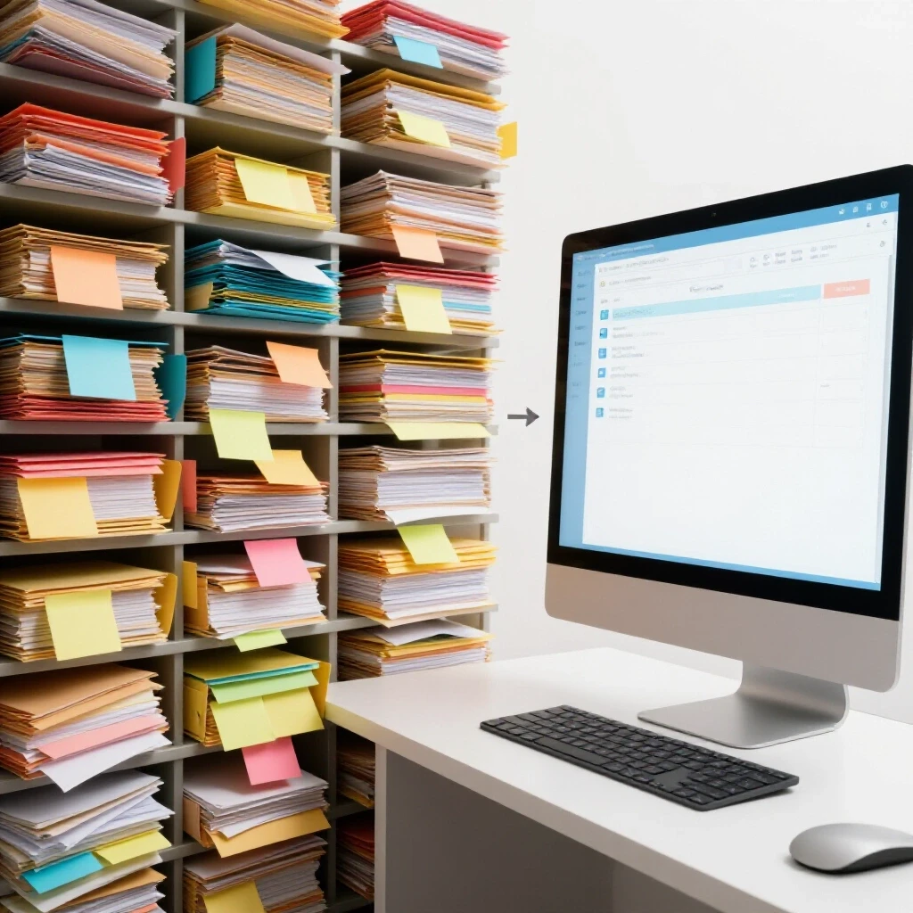 A split image contrasting a chaotic paper filing system with an organized digital interface, representing home organization.