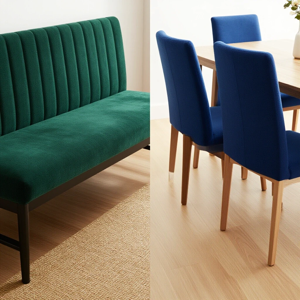 Stylish dining bench next to elegant dining chairs in a cozy dining room setting, showcasing rich colors and textures.