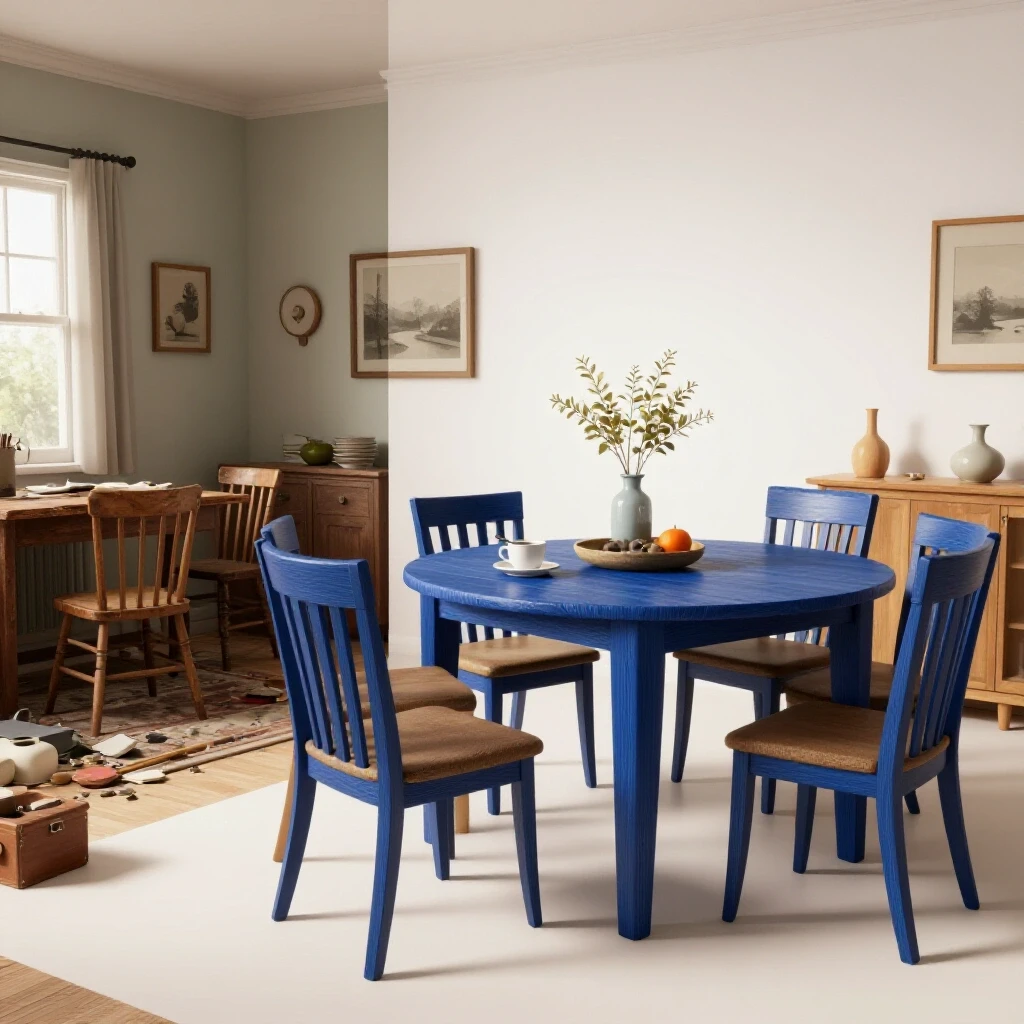 A stunningly remodeled dining room showcases a vibrant blue table and inviting decor, contrasting with an outdated side.