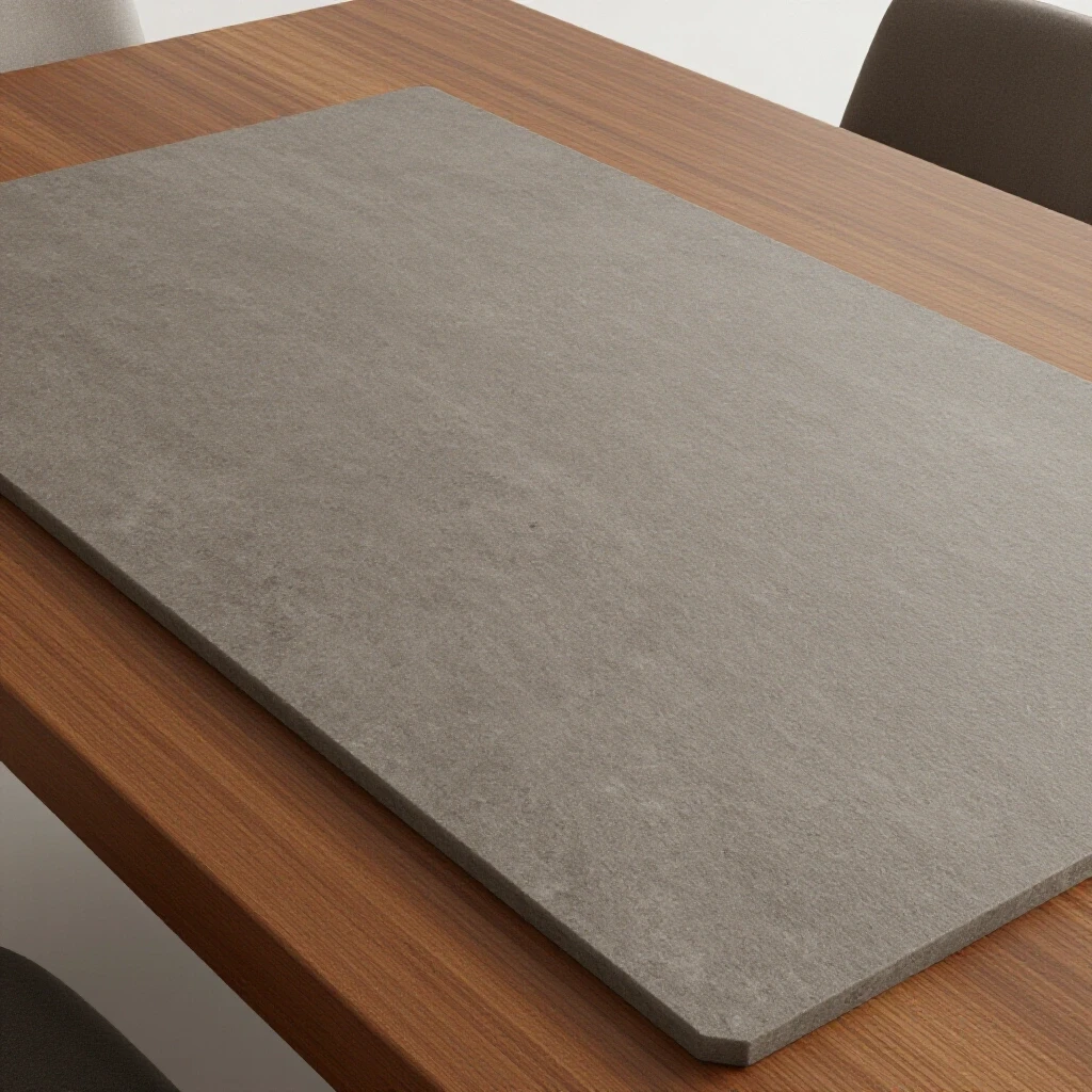 A beautifully set dining table featuring polished wood and textured stone surfaces, highlighting durability and design.