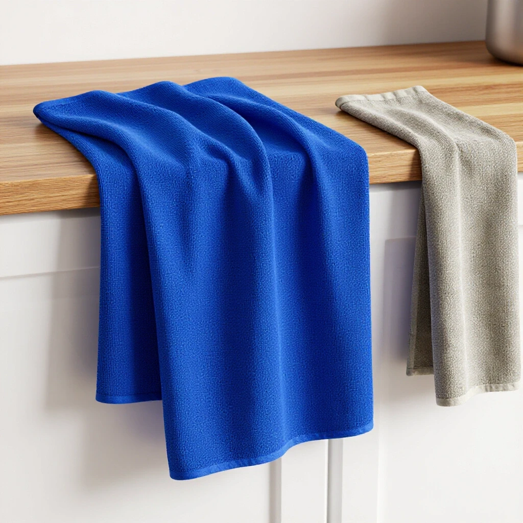 Vibrant royal blue dish towel beside a worn, faded towel on a rustic kitchen counter, showcasing absorbency differences.