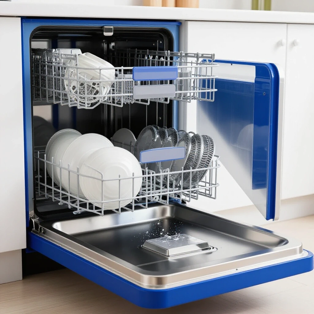 A close-up of a partially open dishwasher showcasing water pooling at the bottom with a clean dish in a vibrant kitchen.