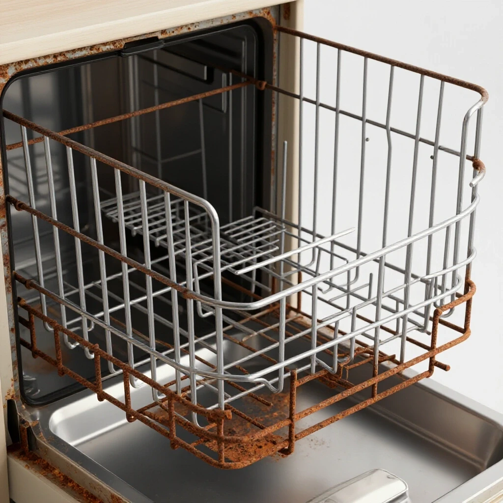 A comparison of a rusty dishwasher rack next to a sparkling clean rack, highlighting the transformation.
