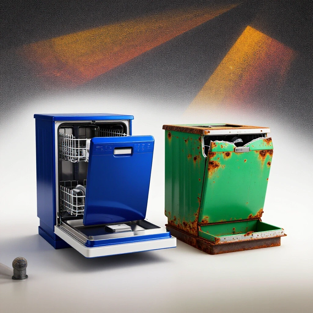 A pristine royal blue dishwasher contrasted with a broken emerald green dishwasher side by side, illustrating reliability differences.
