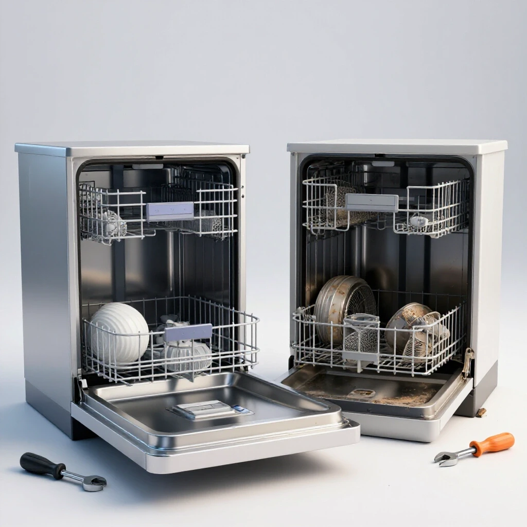 A new and an old dishwasher contrasting in a bright studio, with repair tools near the older model.