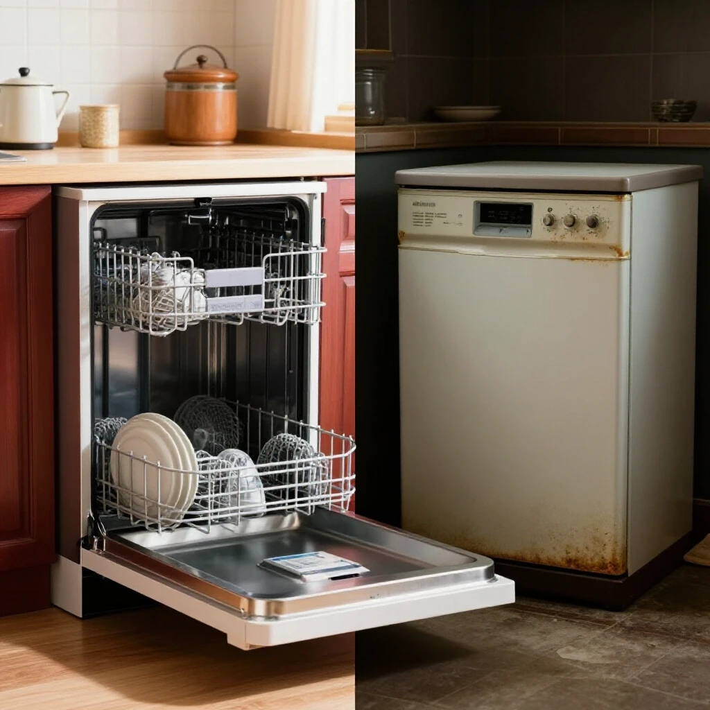 A split-screen image showcasing a modern dishwasher in a warm kitchen setting next to an old, worn-out model in a dimly lit space.