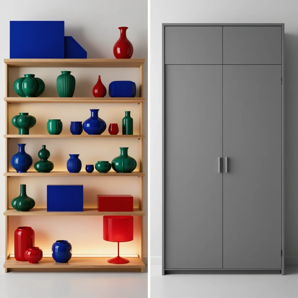 A vibrant display shelf filled with colorful decor, contrasted with a sleek closed storage unit in a modern studio setup.