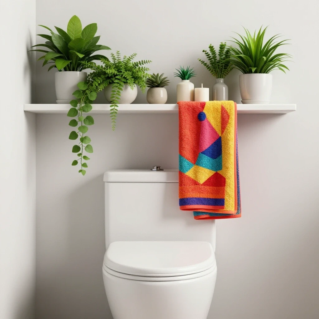 Stylish minimalist bathroom with a shelf over the toilet, adorned with plants and colorful decorative items.