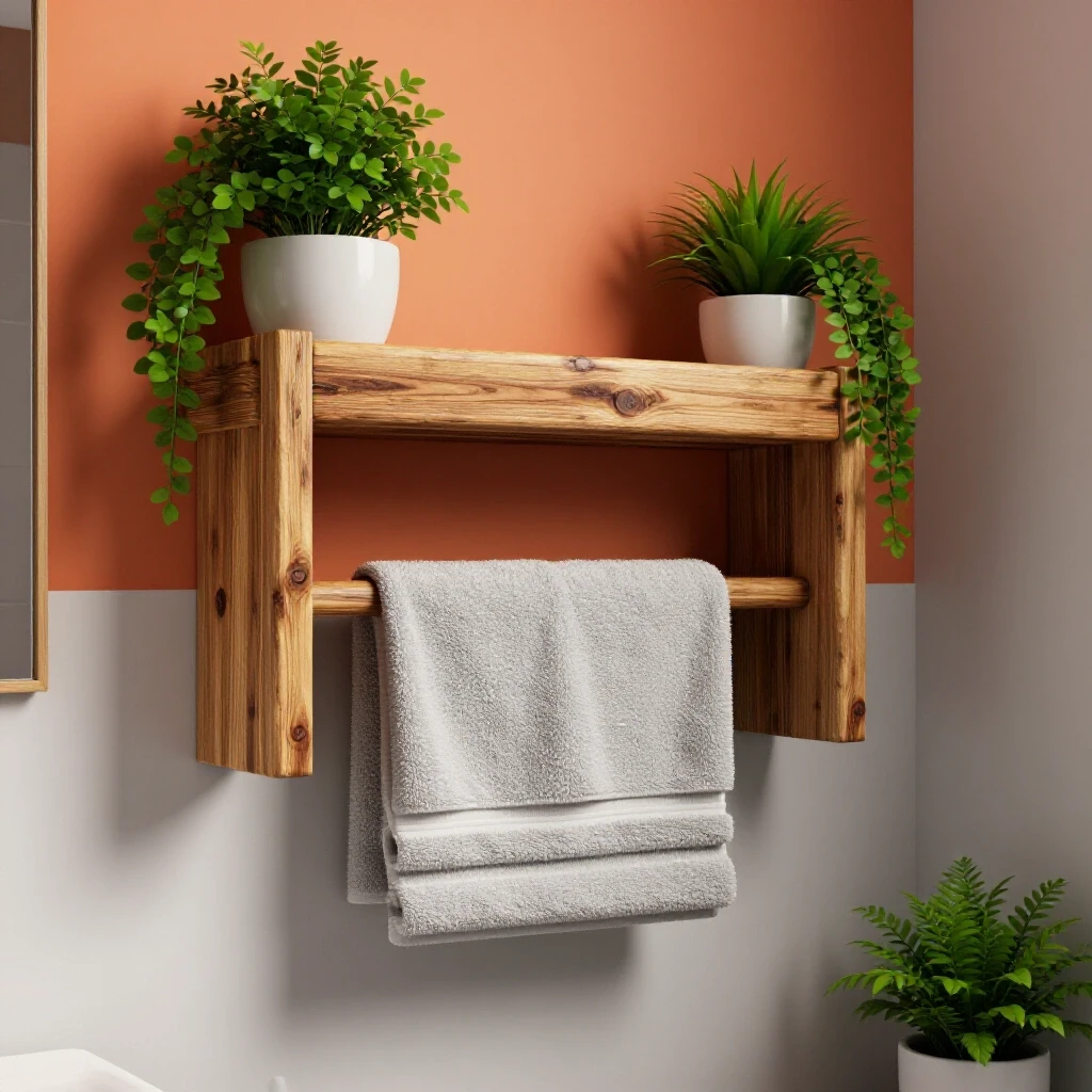Cozy bathroom corner with a reclaimed wood towel shelf, lush greenery, and soft ambient lighting.
