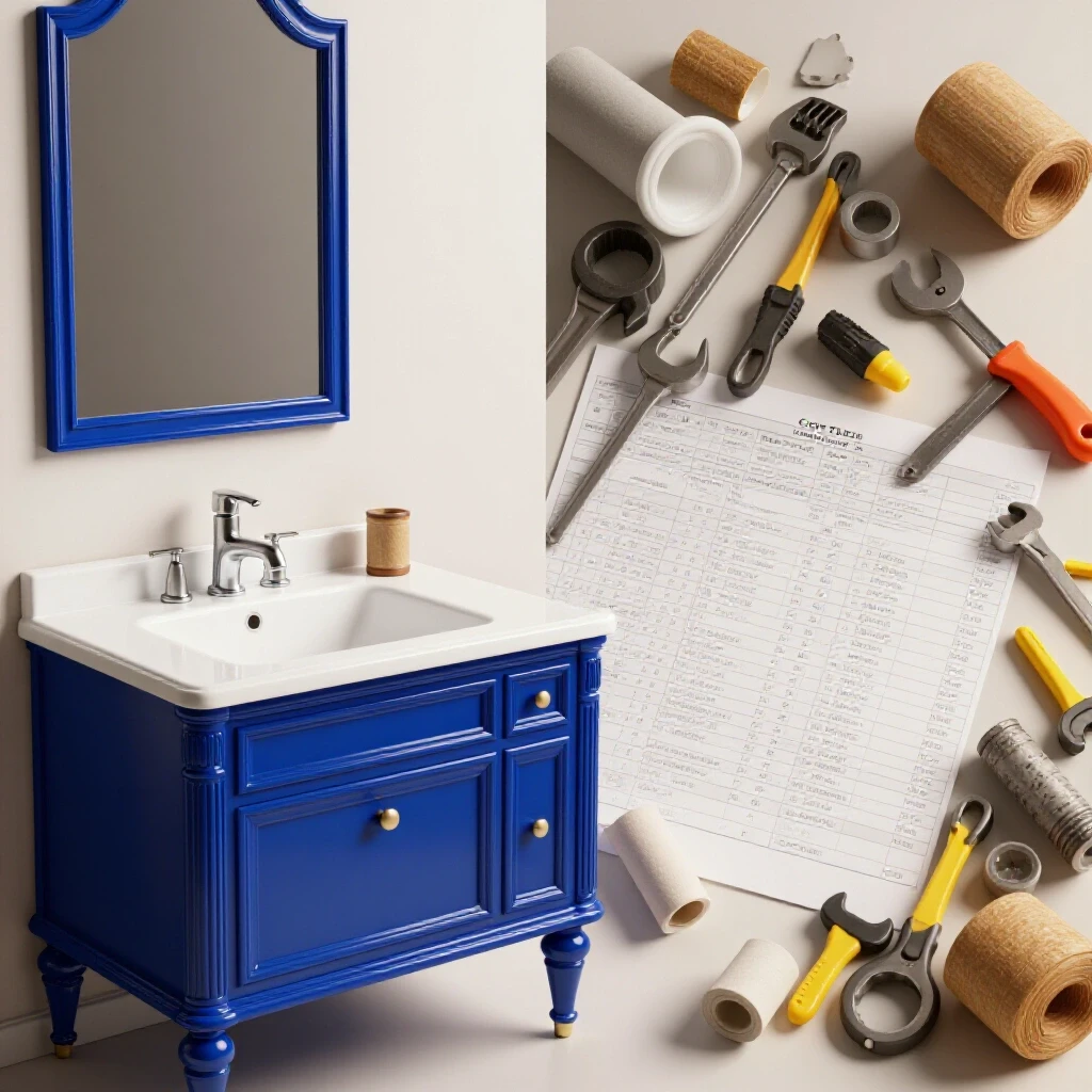 A split-image featuring a beautifully crafted bathroom vanity in royal blue and a chaotic DIY assembly with tools and materials.