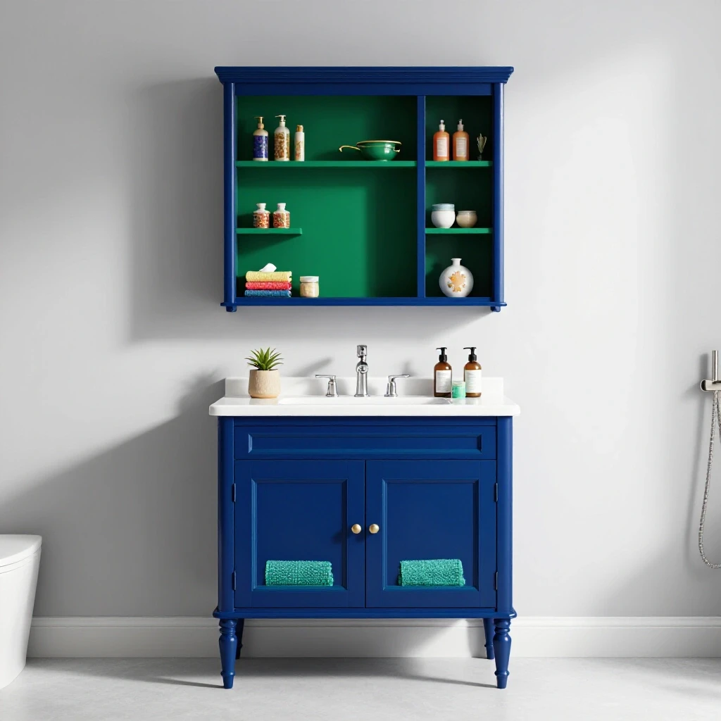 A beautifully crafted bathroom wall cabinet against a bright background, decorated with vibrant items.