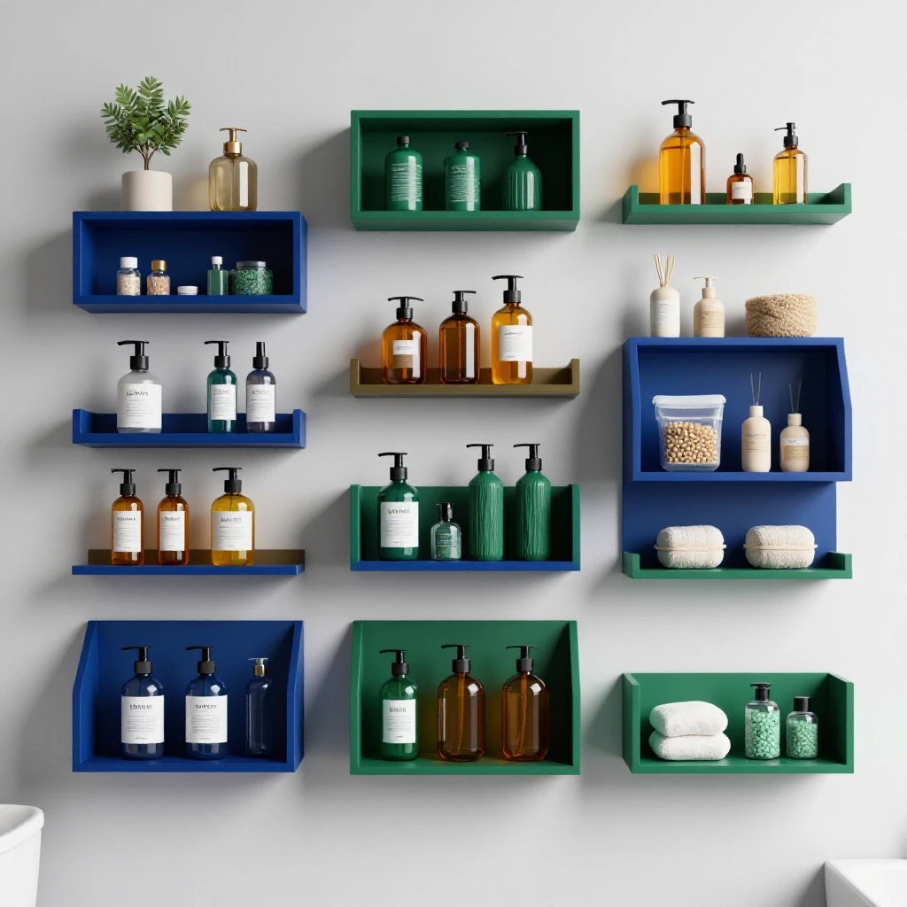 Organized bathroom wall showcasing vibrant storage solutions and decorative shelves with daily essentials.