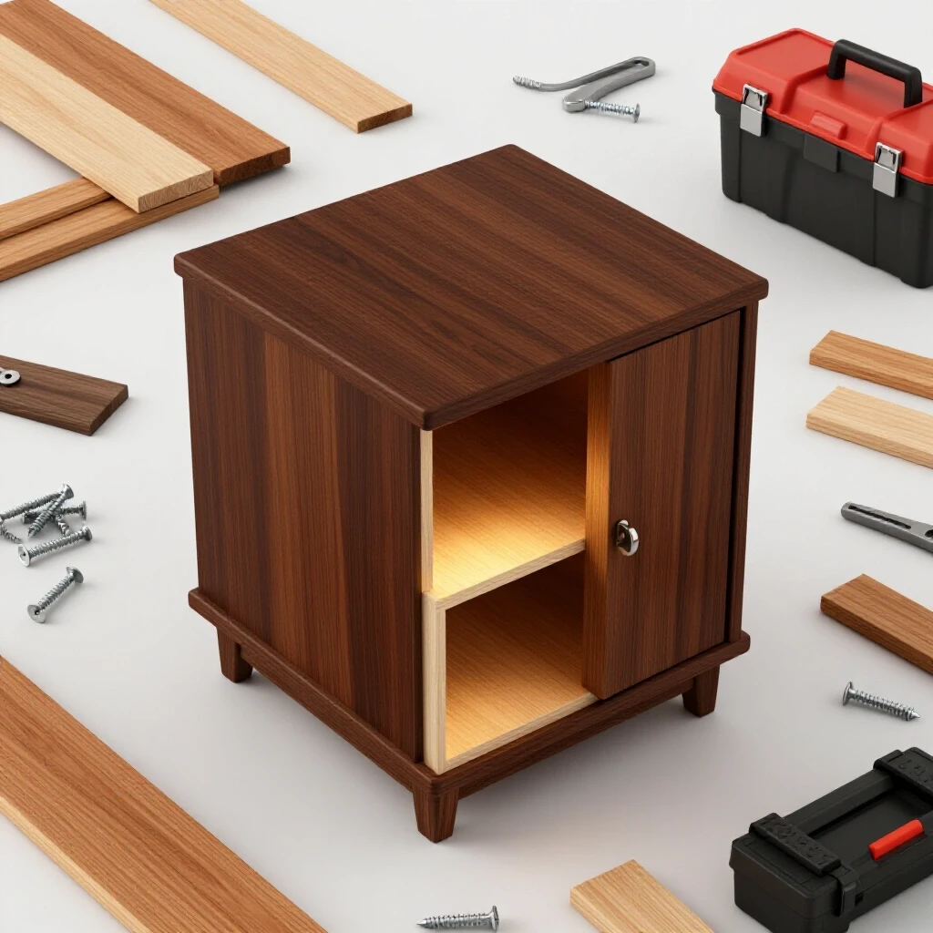 A partially constructed nightstand with tools and materials arranged, set in a bright studio background.