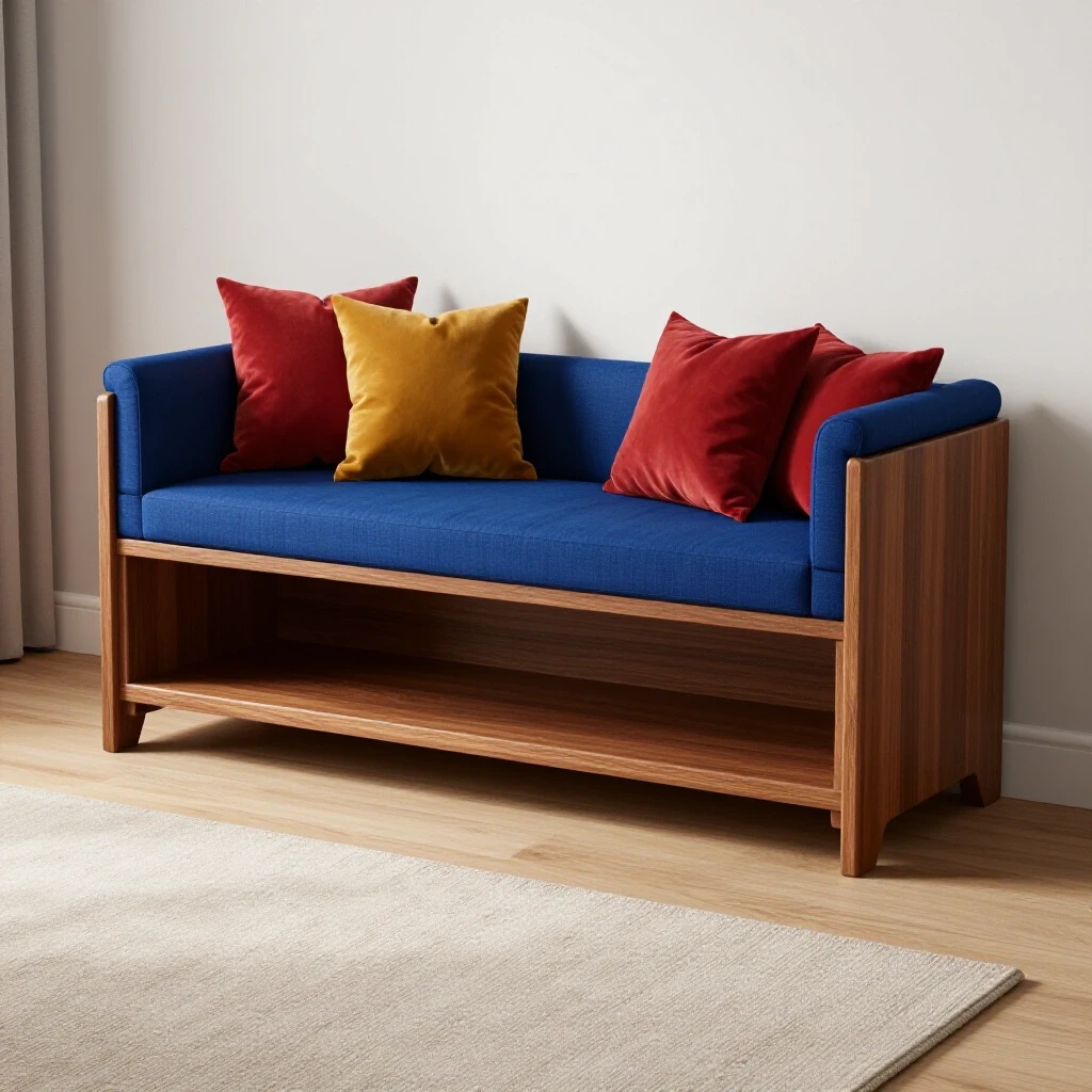 A beautifully crafted storage bench in a well-decorated bedroom with rich colors and soft textures, evoking comfort and style.