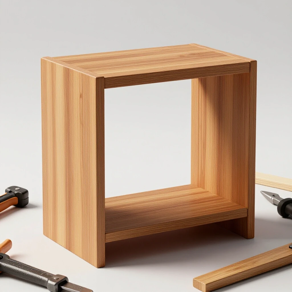 A partially constructed built-in shelf surrounded by tools and materials, showcasing a DIY storage project in a bright setting.