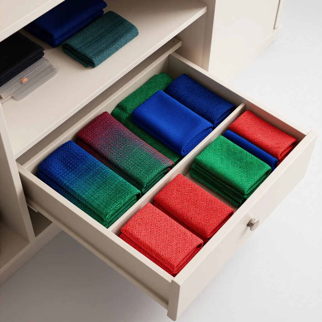 A well-organized closet drawer with vibrant, patterned inserts against a clean, bright background.