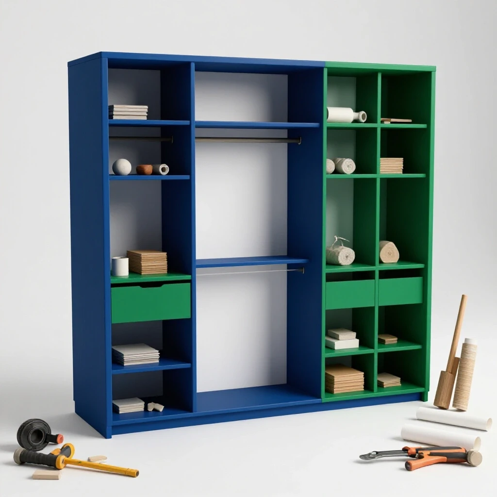 A cluttered small room with a colorful partially constructed closet system and scattered tools, capturing a DIY spirit.