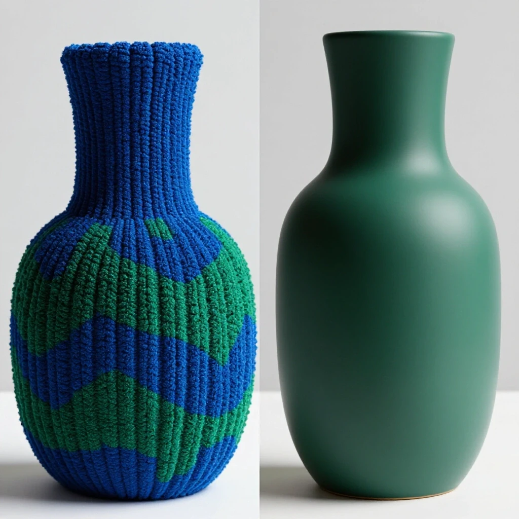 A split image showing a vibrant handcrafted DIY decor item on the left and a sleek store-bought decor piece on the right, highlighting contrast in style.