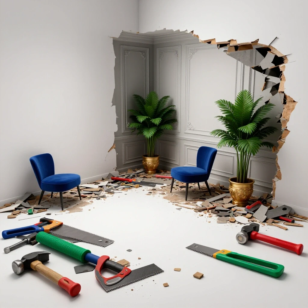 A striking visual of a partially demolished room with scattered tools and a beautifully styled corner, highlighting DIY demolition risks.