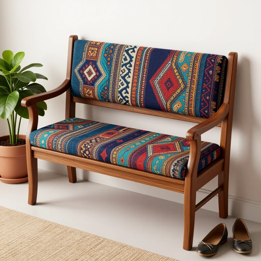 Cozy entryway with a wooden bench and vibrant patterned cushion, featuring a potted plant and stylish shoes.