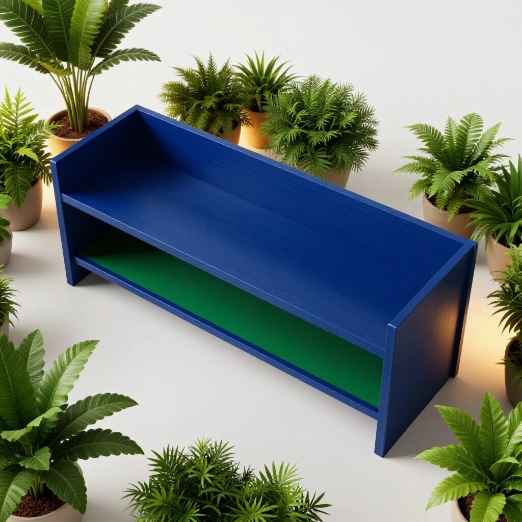 A beautifully designed DIY entryway bench with open storage displayed against a bright backdrop, surrounded by vibrant plants.