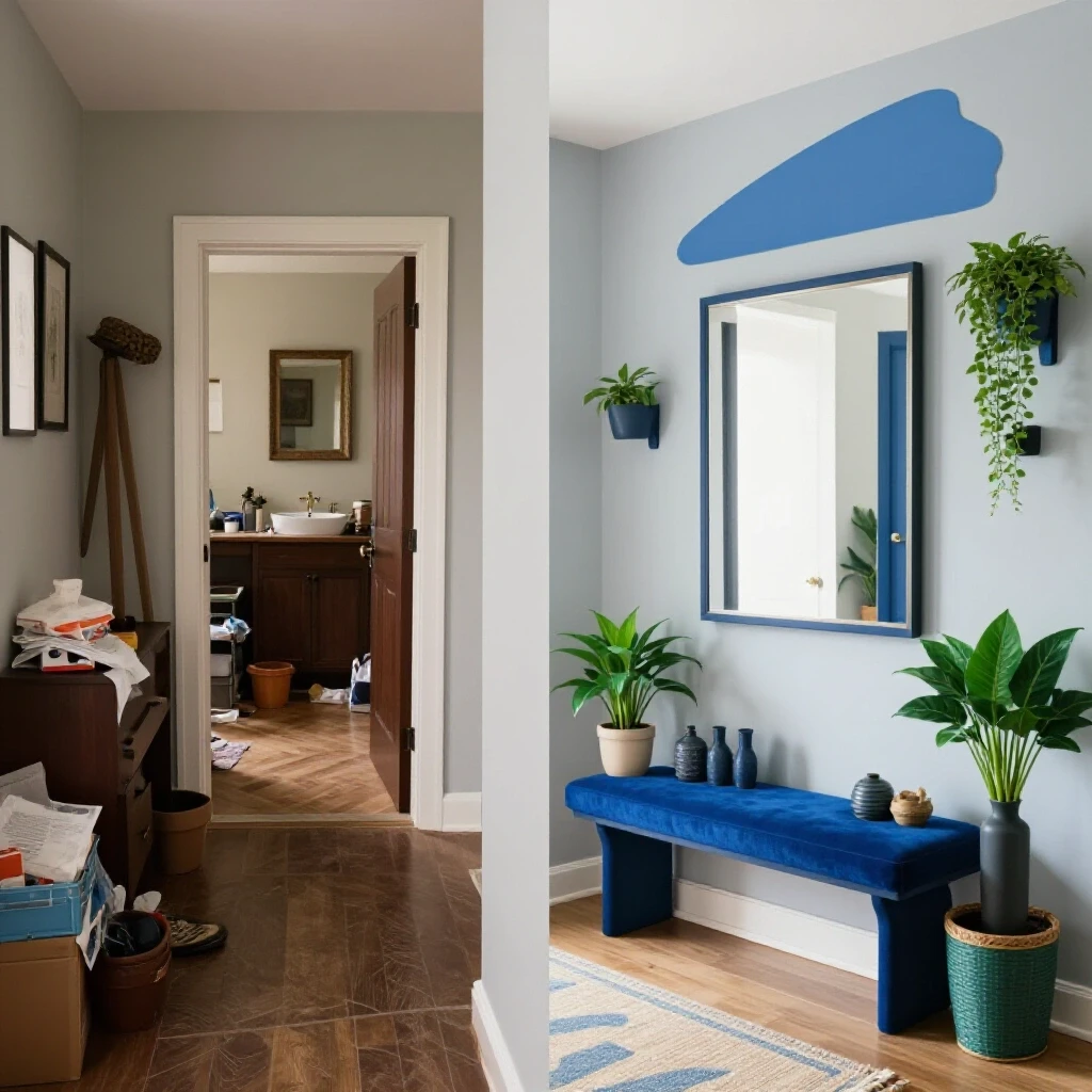 Split image showcasing a before-and-after entryway makeover, contrasting cluttered decor with a vibrant, organized space.