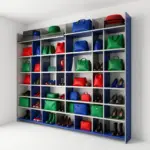 A beautifully organized entryway wall storage unit displaying vibrant shoes and bags against a bright backdrop.