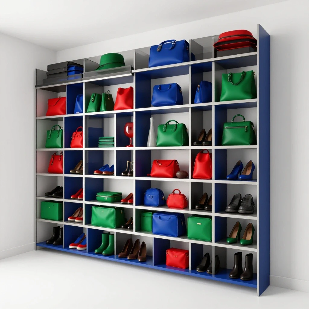 A beautifully organized entryway wall storage unit displaying vibrant shoes and bags against a bright backdrop.