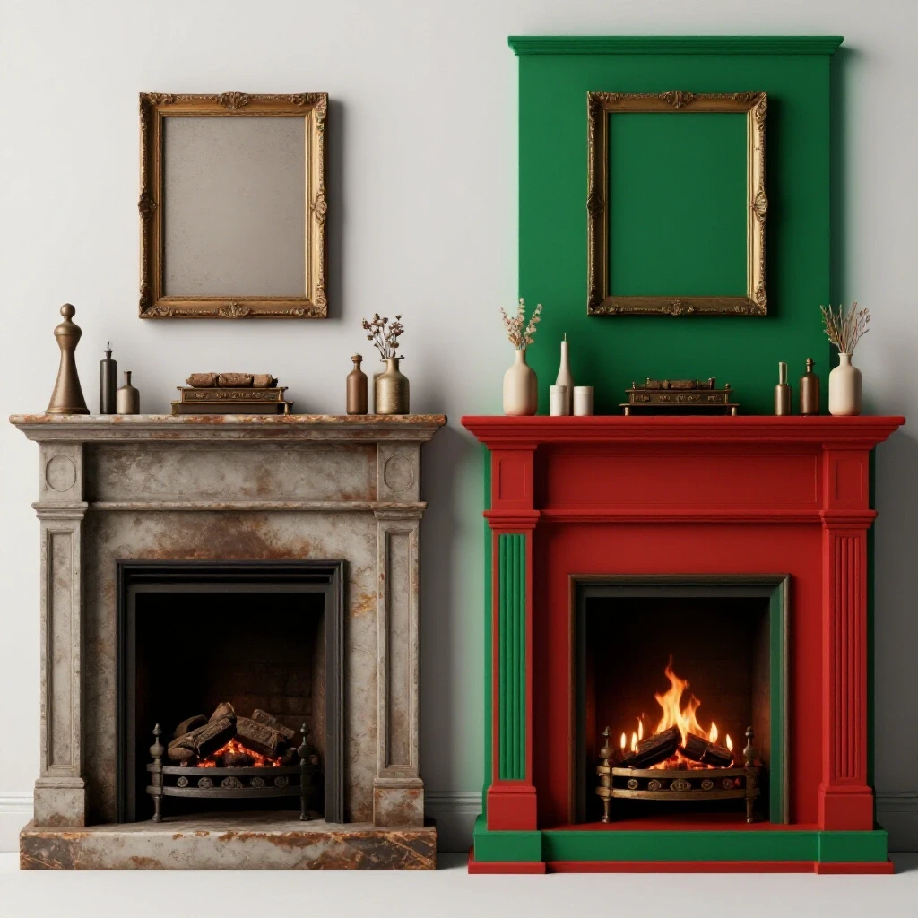 A split image of a drab fireplace and a vibrant, stylishly revamped fireplace, highlighting a budget-friendly makeover.