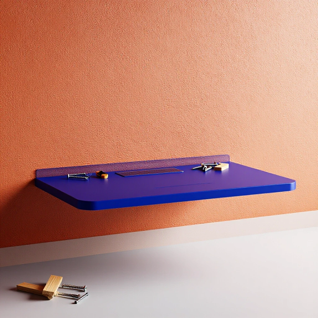 Modern floating desk in vibrant setting with DIY tools scattered around, emphasizing home decor and design.