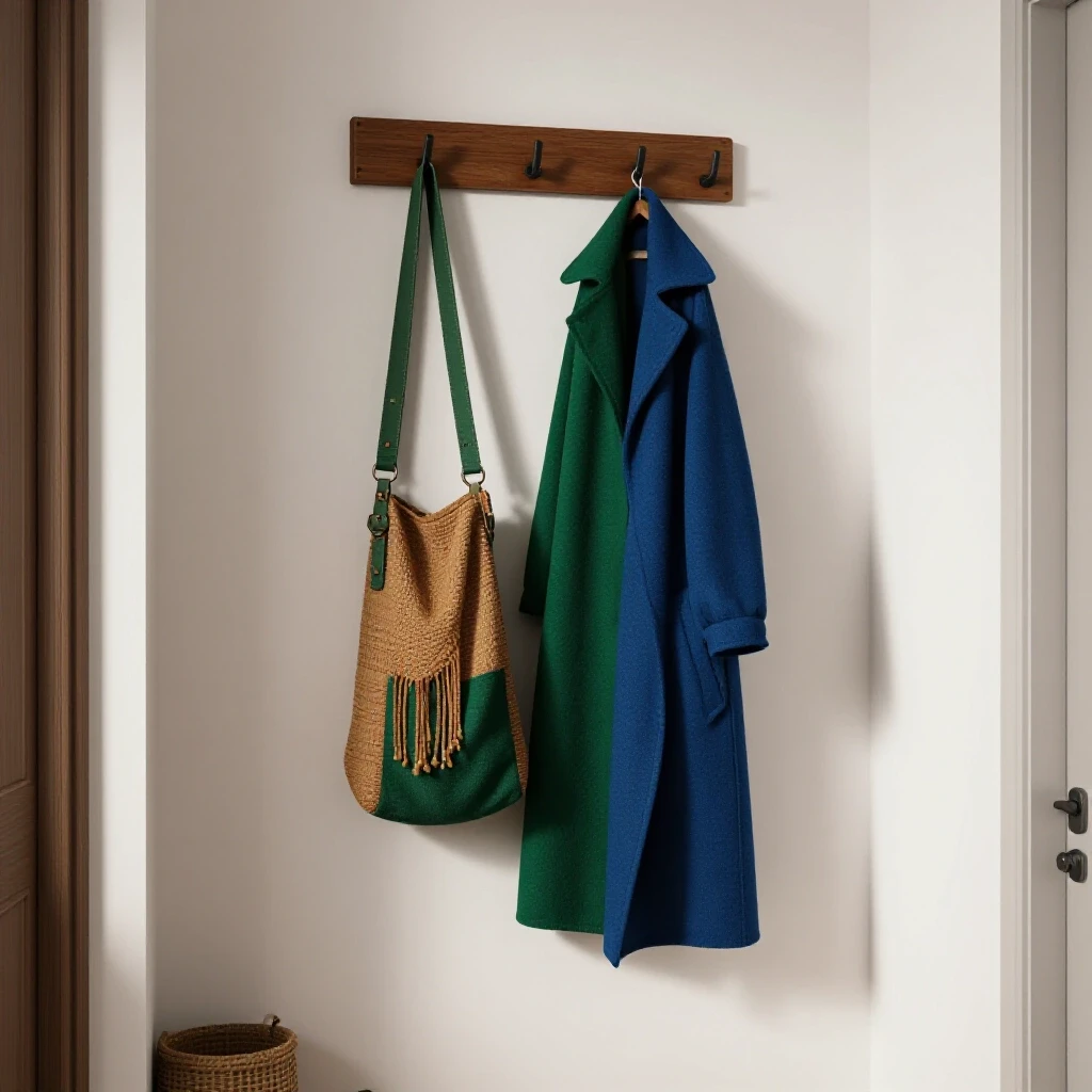 Bright and stylish DIY coat storage solution in a small, organized entryway with vibrant accents.