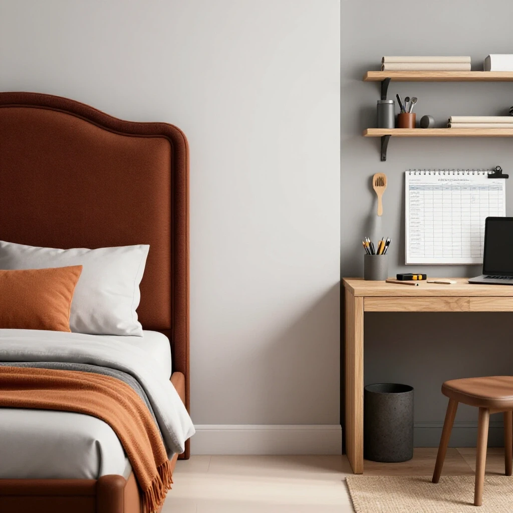 Split image showing a cozy finished headboard in a warm bedroom and a DIY workspace with tools and a budget sheet.