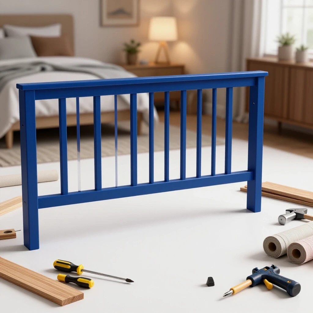 A partially constructed deep blue headboard surrounded by tools and materials in a softly lit cozy bedroom background.