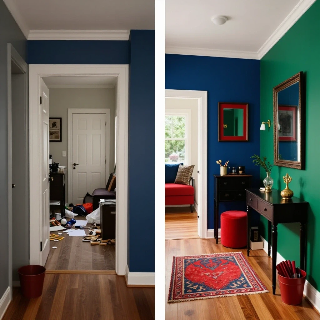 Before-and-after transformation of a home entryway showcasing a cluttered space and a vibrant, stylish makeover.