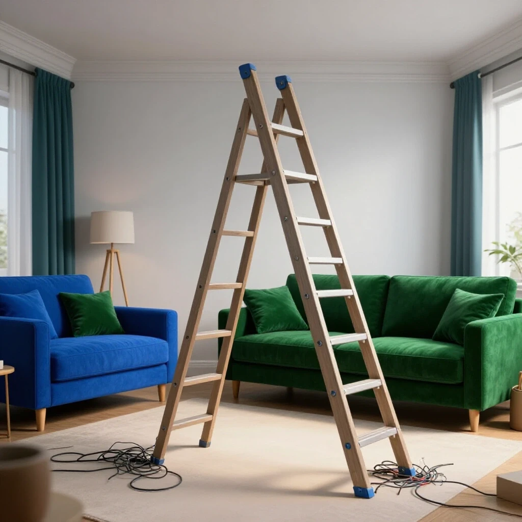 A cozy living room showcasing warm decor contrasts with a precariously tilted ladder and exposed wires, highlighting DIY hazards.