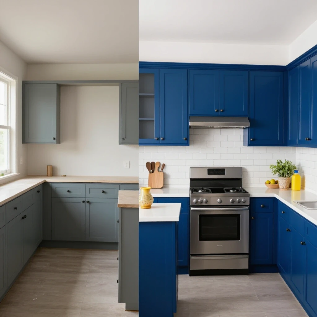 A split-image featuring a kitchen before and after a DIY renovation, showcasing vibrant colors and updates.