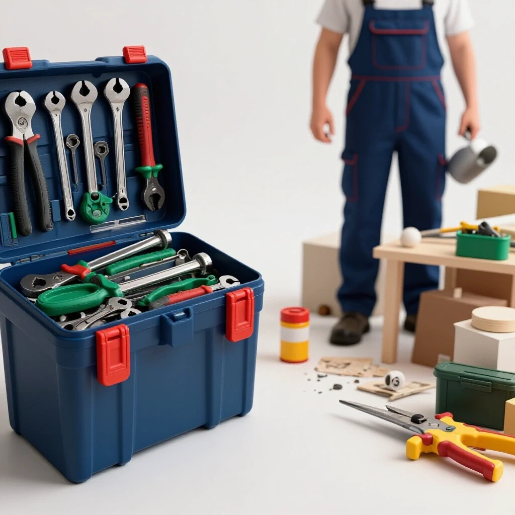 A contrasting visual of an organized toolbox filled with shiny tools beside a chaotic home repair scene, suggesting when to hire a professional.
