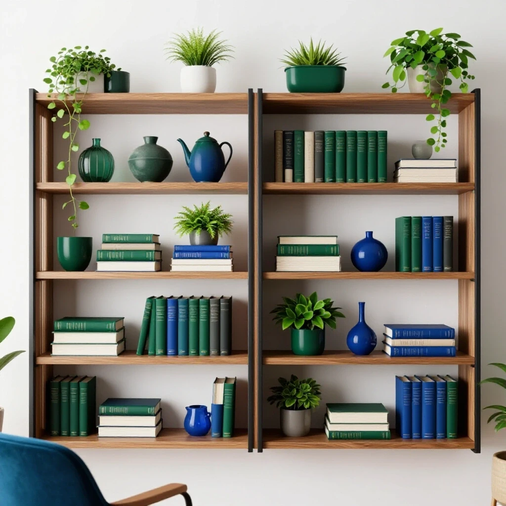 Stylish home office scene featuring sturdy open shelves with books and decorative items against a bright background.