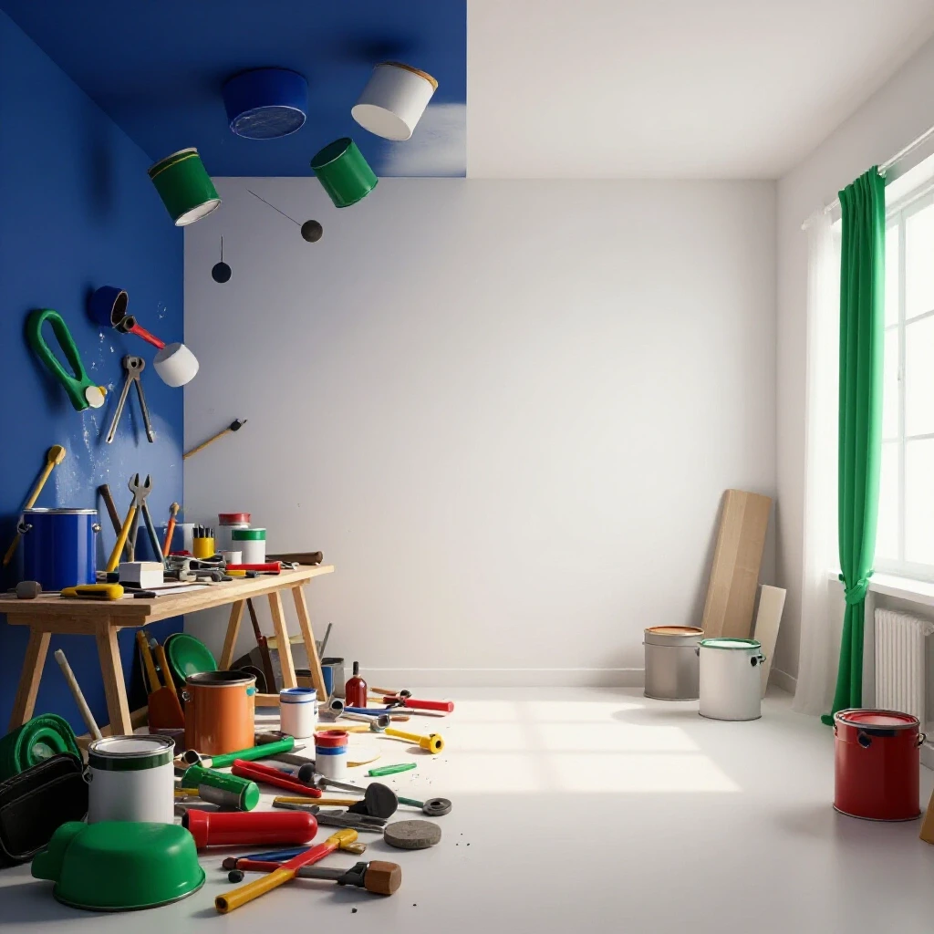 A stark contrast between a cluttered DIY setup with tools and a serene, finished home interior, symbolizing project completion.