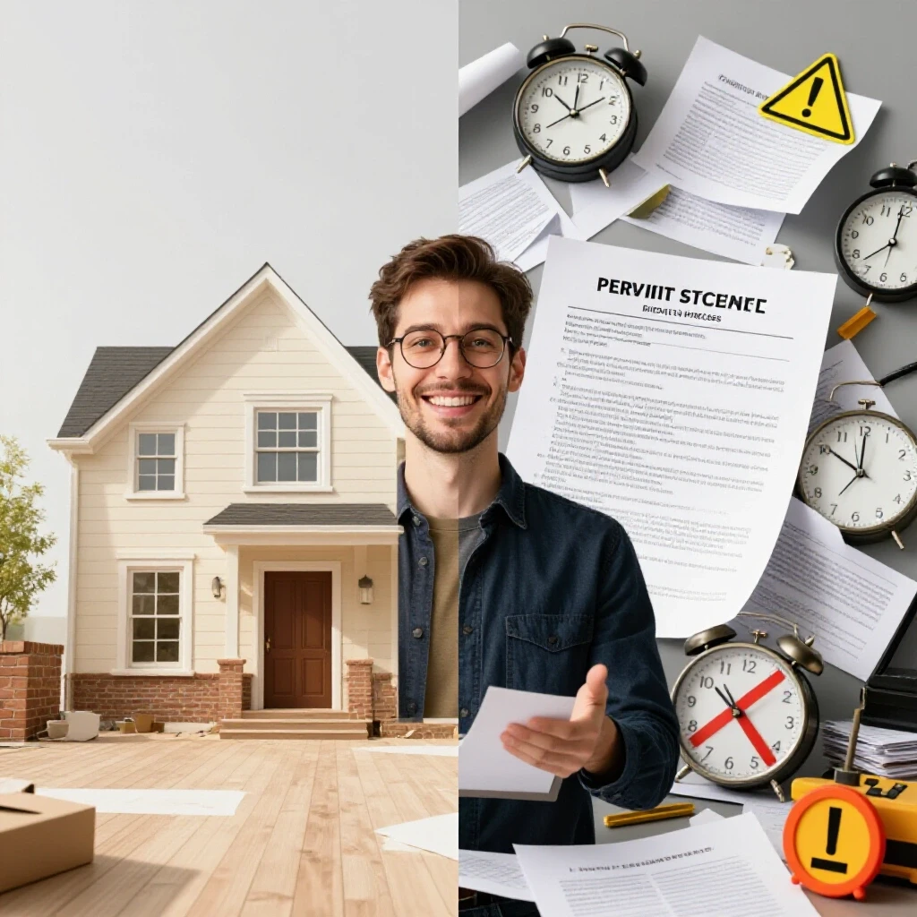 A split-image showing a vibrant home renovation on one side and chaotic paperwork symbolizing delays on the other.