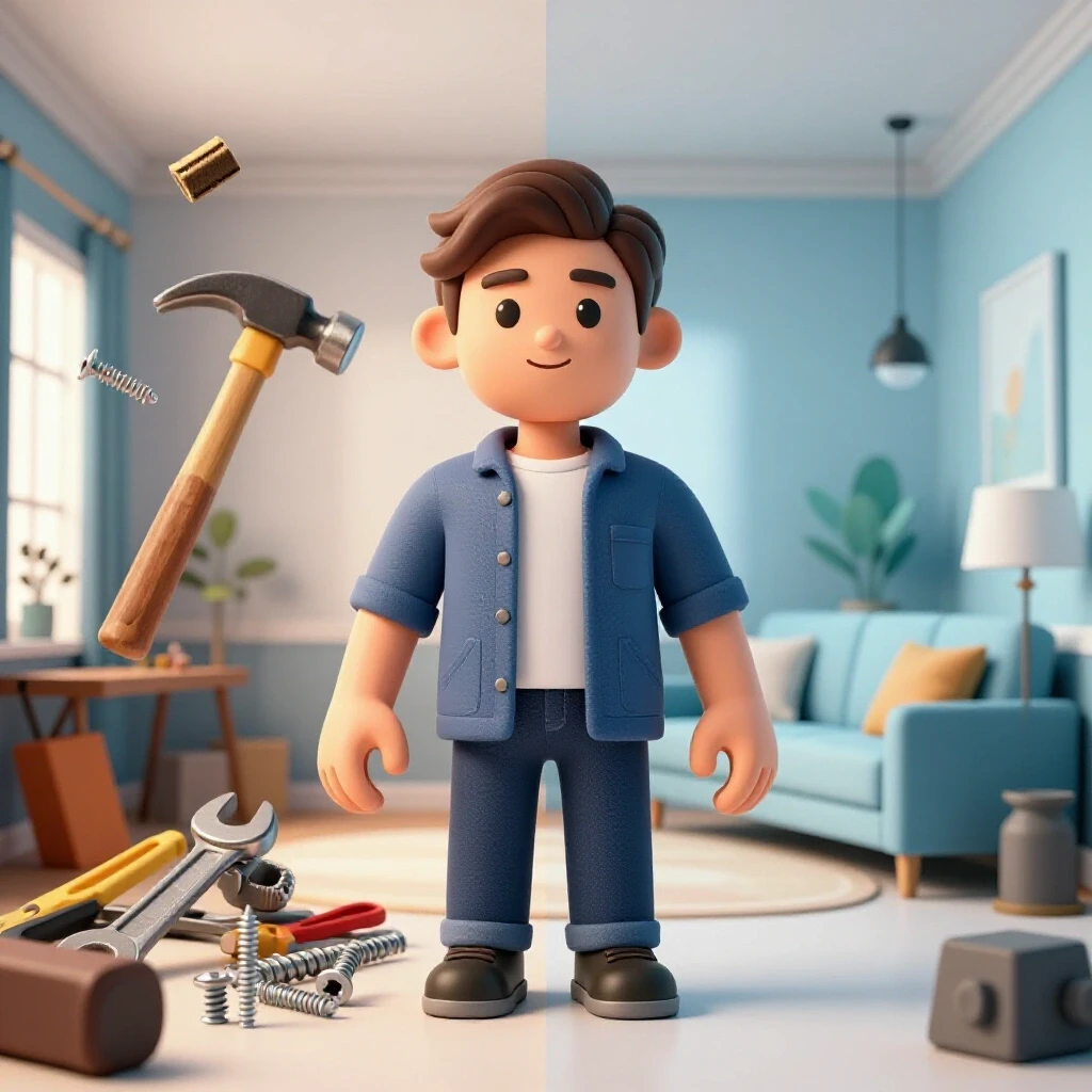 A split-scene image showing a chaotic DIY repair on one side and a serene, professionally finished room on the other, highlighting home repair transitions.