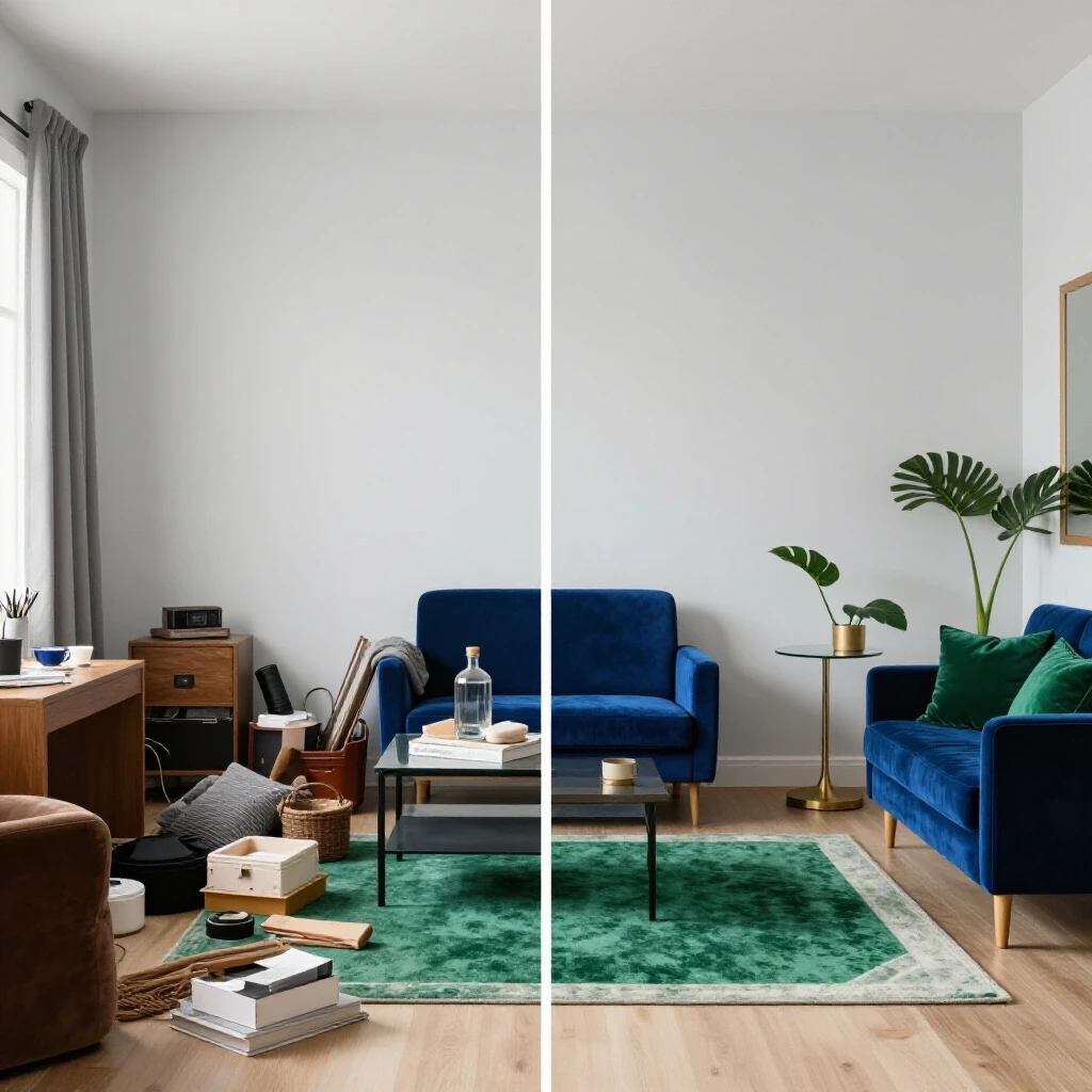 A split image of a disorganized room contrasted with a beautifully staged living space, showcasing effective home staging.