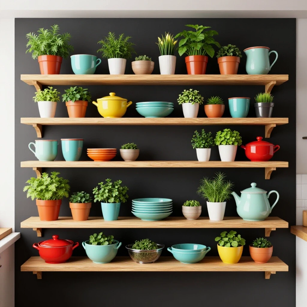 Stylish small kitchen with DIY light wood counter shelves against a dark wall, vibrant herbs, and colorful kitchenware.
