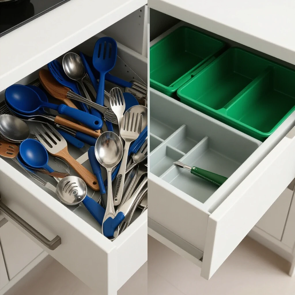 A split image showing a chaotic cluttered kitchen drawer on one side and an organized labeled drawer on the other, highlighting DIY ideas.