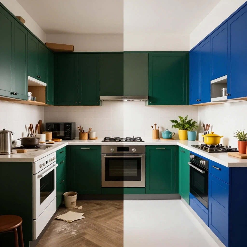 A split-screen image showing a dated kitchen on one side and a modern upgraded kitchen on the other side, highlighting home decor transformation.