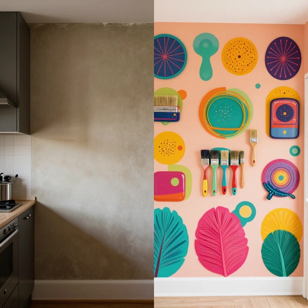 A comparison of a dull kitchen wall and a vibrant, stylishly decorated wall showcasing a DIY transformation with paint brushes and decor items.